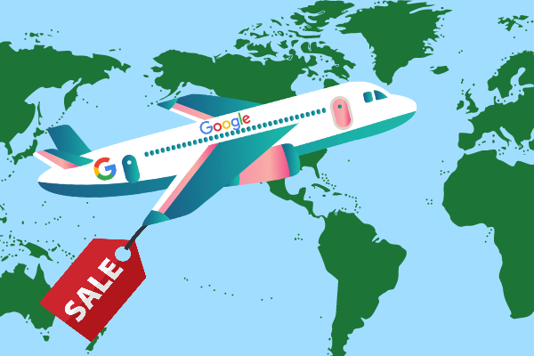 A graphic of a plane flying over a map with the Google logo printed on it's side. A red tag hangs from the wing and says "SALE"
