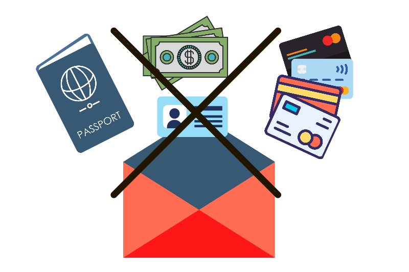 a graphic of a purse containing passport, cards, driver's license and cash with an X through it