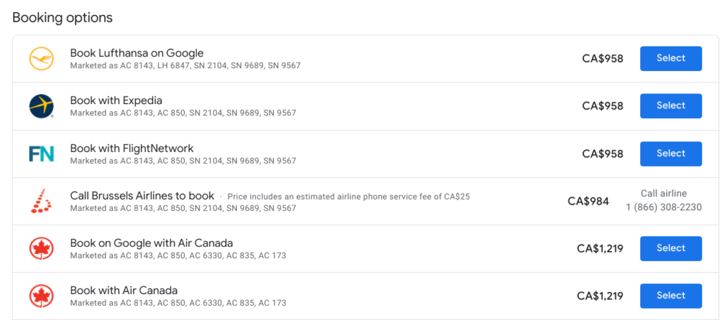 A screenshot of a list of booking options on Google Flights.