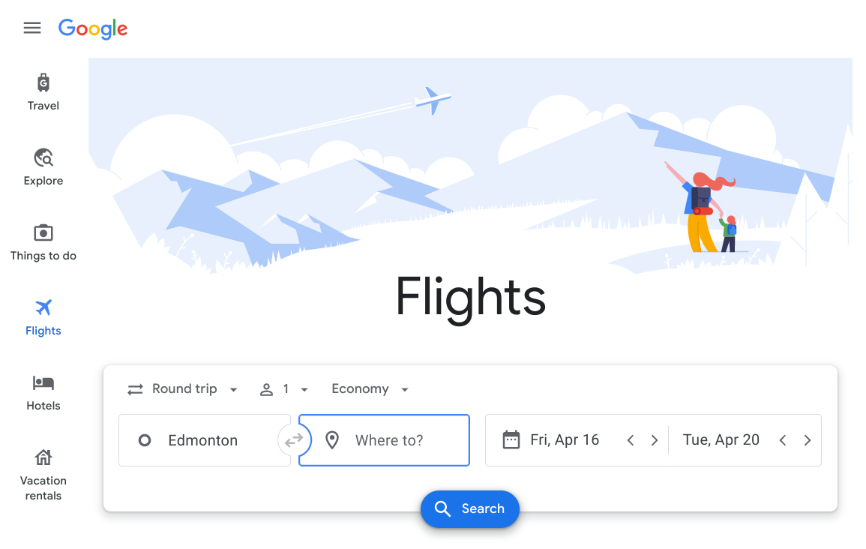 A screenshot of the search page for Google Flights