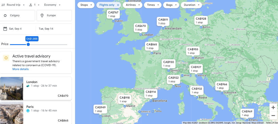 Screenshot of Explore tool results from Calgary to Europe Sep 4 -14 under $1000.