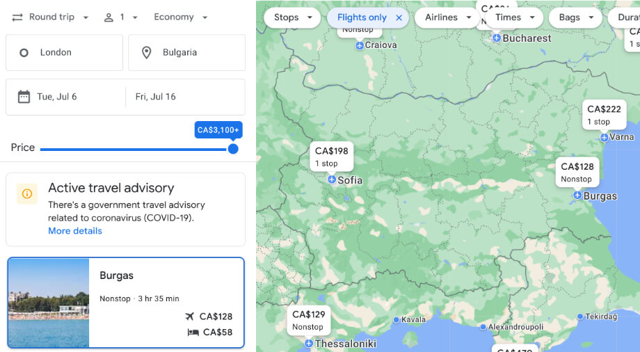 Screenshot of Explore tool for London to Bulgaria July 6 - 16.