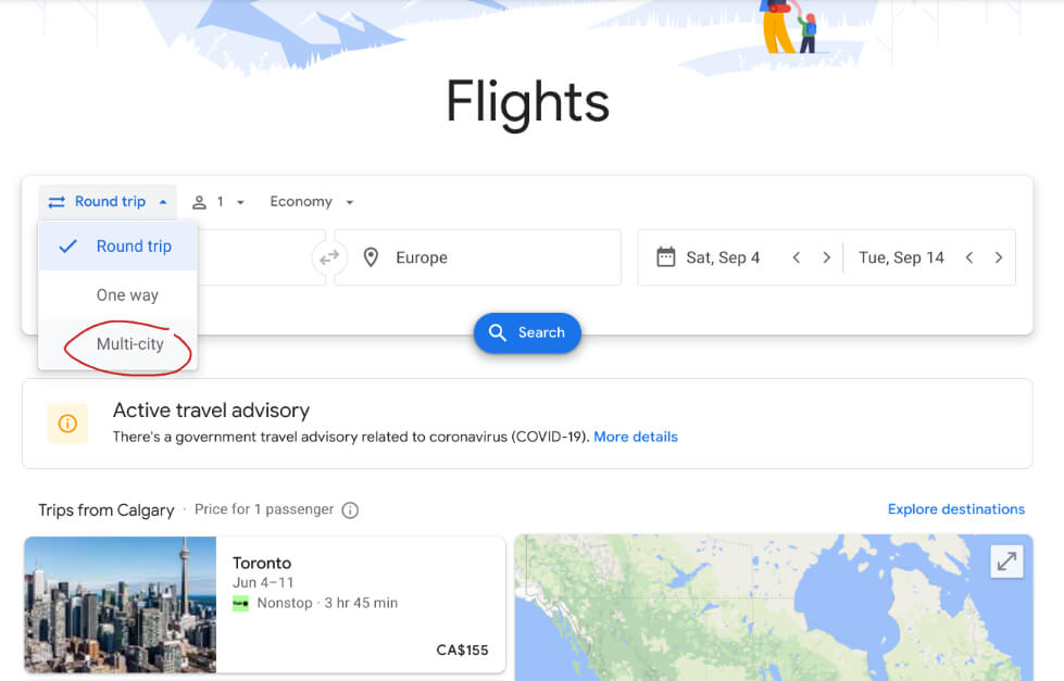 Screenshot of Google Flights home page - Round trip drop down is open and "Multi-city" is circled in red.