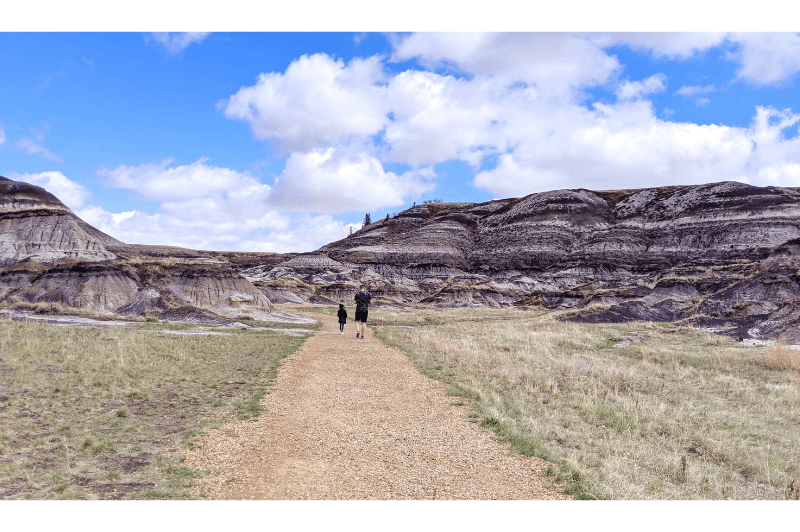 A man and his daughter follow a flat gravel path in the bottom of Horseshoe Canyon in the Alberta Badlands.