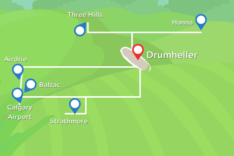 A graphic map of Drumheller and the surrounding towns that have hotels, including Hanna, Strathmore, Three Hills, Airdrie, Balzac, and the Calgary Airport