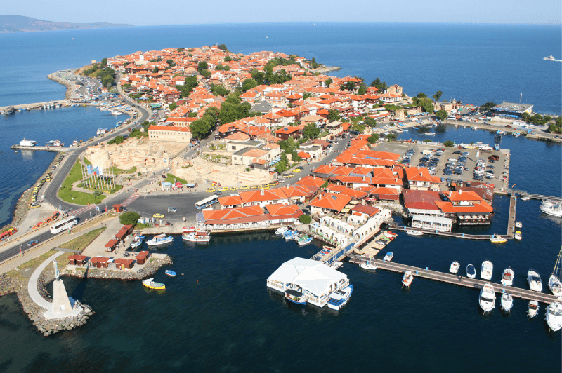 An aerial view of the clay roofs on the peninsula town of Nessebar in Bulgaria, jutting out into the Black Sea