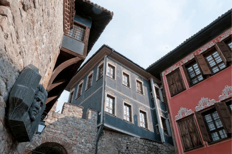 Colourful traditional timber buildings in Plovdiv's ancient centre