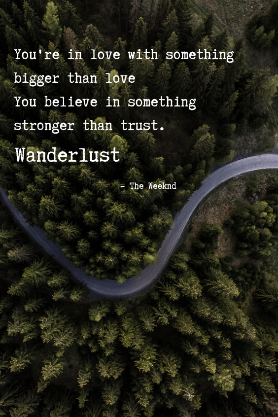 an aerial shot of an evergreen forest with an empty road winding through it. The quote reads "You're in love with something bigger than love
You believe in something stronger than trust.
Wanderlust" The Weeknd