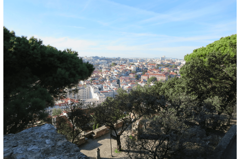 A view over the rooftops of Lisbon through some trees in an old castle courtyard.