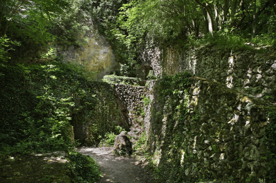 A narrow footpath to the catacombs of Aladzha with the ruins of vine covered stone walls on either side.