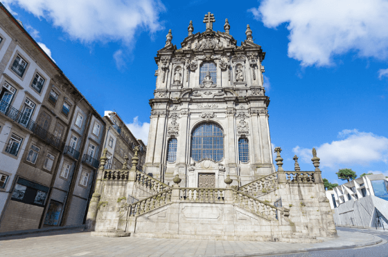 The front of Clerigos Church in Porto Portugal