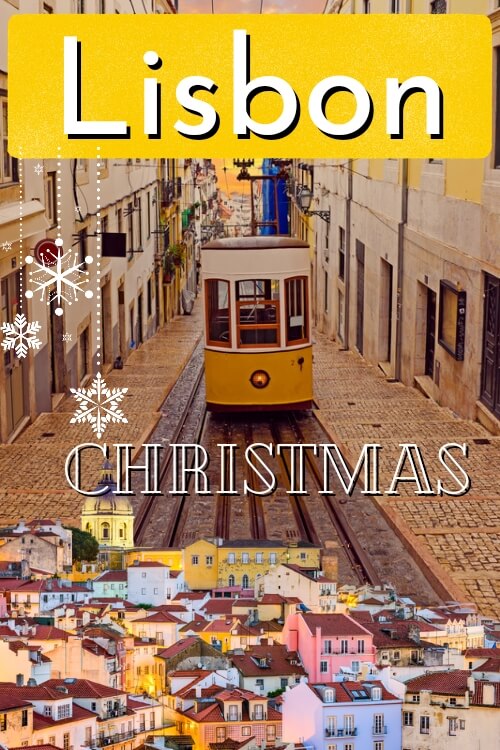Pinterest Pin. A yellow cable car in Lisbon makes its way up the middle of a cobbled street. A cut out of the colourful Lisbon skyline sits in the foreground.