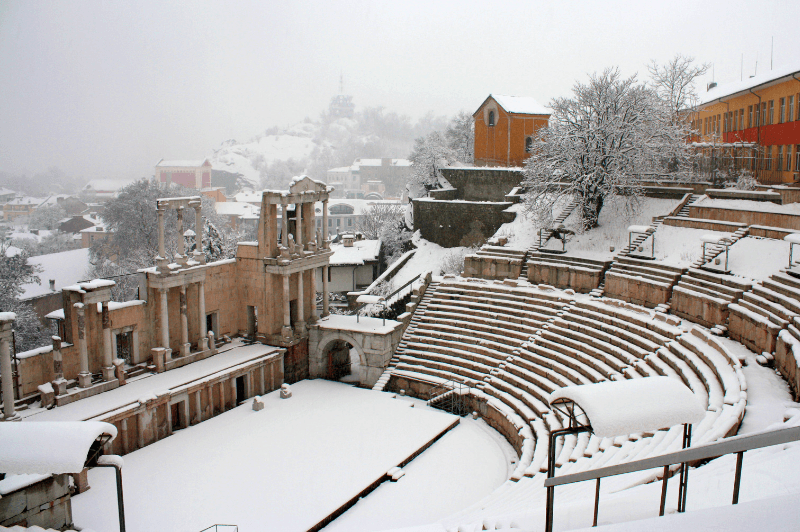 A picture of the Plovdiv amphitheatre on a snowy day in Bulgaria