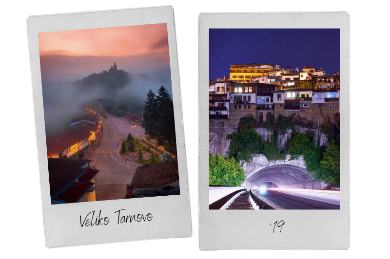 Two side by side polaroid pictures of the city of Veliko Tarnovo at night. The city is not far from Ivanovo and is built into the hill country.