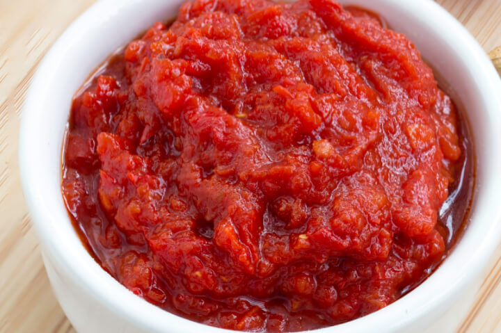 Roasted Red Pepper puree in a white bowl