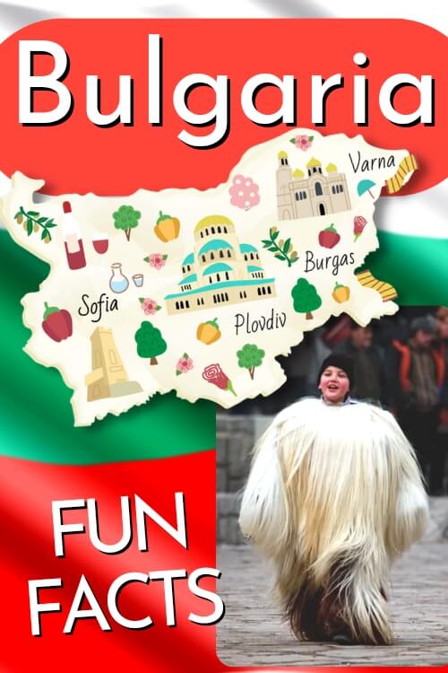 Pin reads Bulgaria fun facts over a background of the Bulgarian flag with a graphic map of Bulgaria over top and a picture of a young boy dressed up for Kukeri.