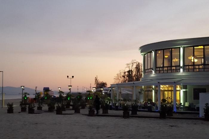 The restaurant neptune on the beach at sunset in Burgas