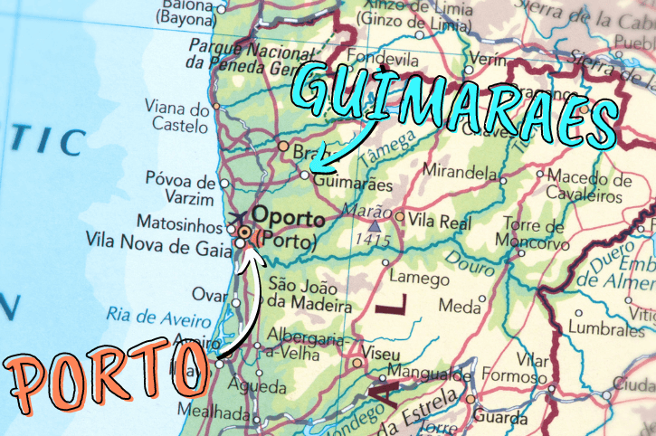 Map of Porto and Guimaraes marked with arrows