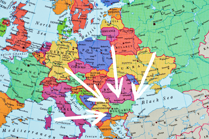 Arrows indicating Bulgaria on a map of Europe
