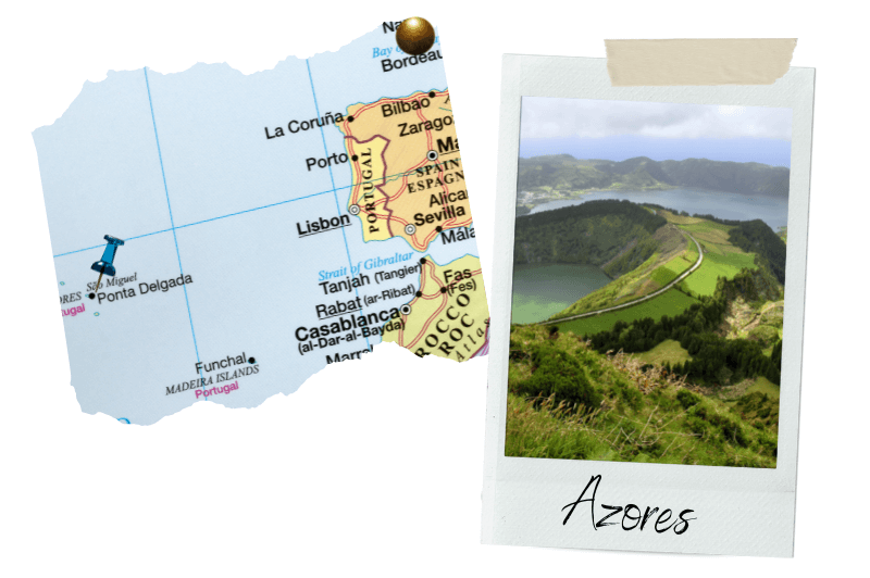 A torn out map with the azores pinpointed off the coast of Portugal, beside a polaroid of a green mountain in the Azores