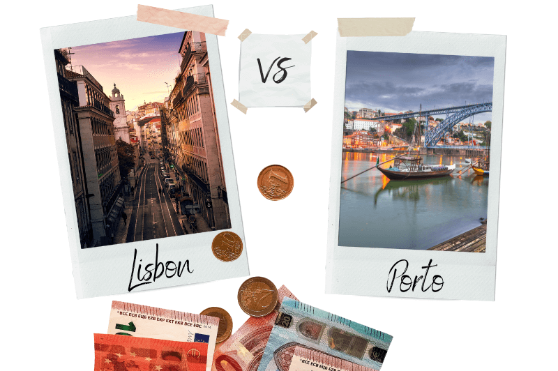 Polaroid of Lisbon vs Polaroid of Porto with euros scattered over top