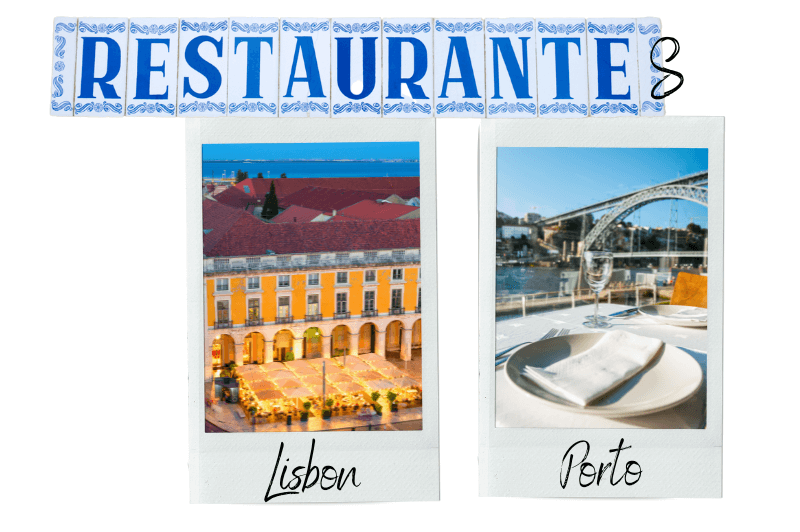"Restaurantes" spelled out in Portuguese tiles above polaroid of Lisbon restaurant vs Porto restaurant