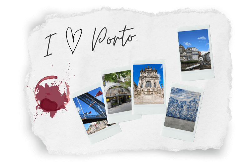 Photos of a few things to do in Porto under a handwritten "I heart Porto" and a wine stain on the paper