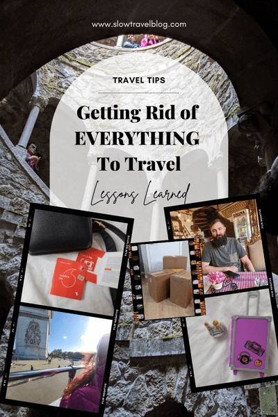Pin reads "Getting rid of everything to travel." with a variety of travel photos