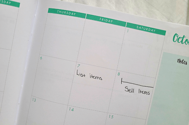Calendar with the weekend marked off. Friday says "List Items" and Saturday says "sell items"