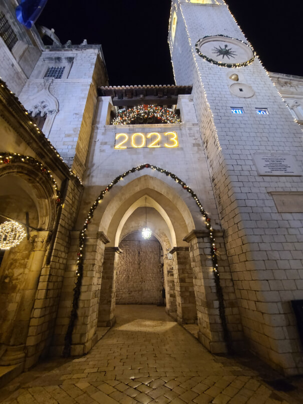 New Years 2023 tower sign in lights in Dubrovnik