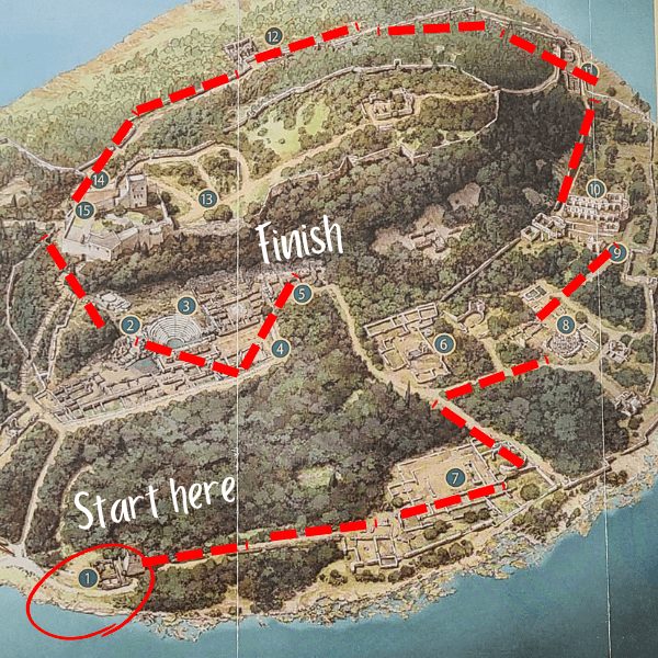 Map of sights at Butrint National Archaeological Park and a red dotted line showing the recommended route through it.