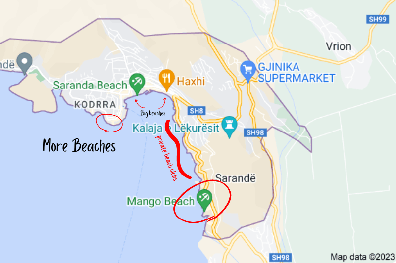 Saranda beaches marked on a map including the main two beaches, Kodrre beaches, and Mango Beach