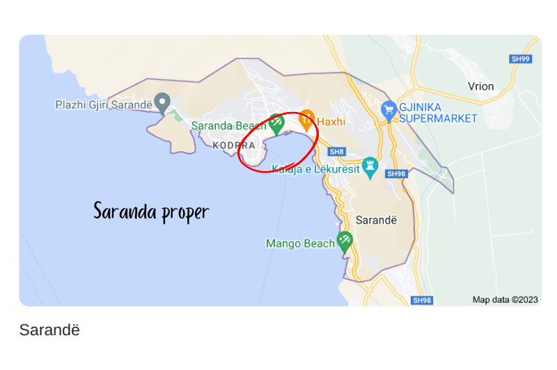 Map of Saranda with Saranda proper circled.