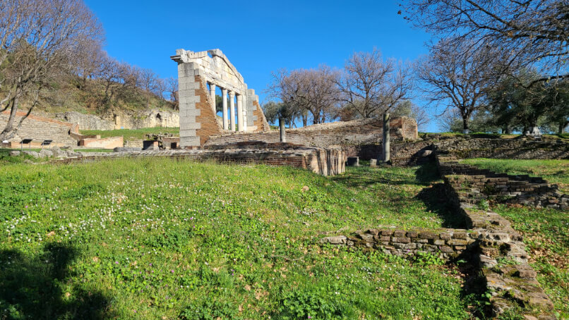 a wide angle shot of Apollonia Archaeological park with the ancient temple in the center