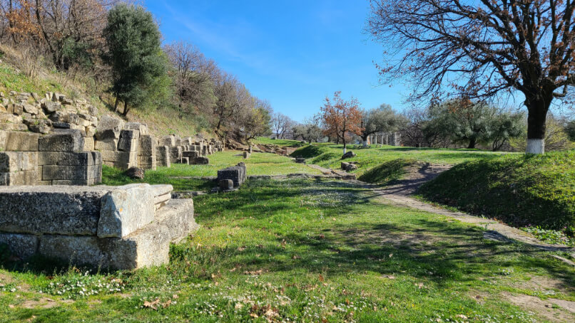 Ruins of the Roman Agora beside a hill in rural Albania