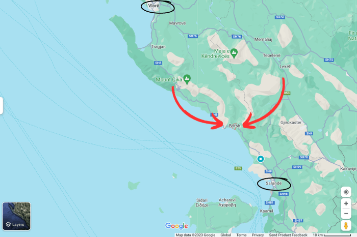 Borsh marked with red arrows on a map between Saranda and Vlora